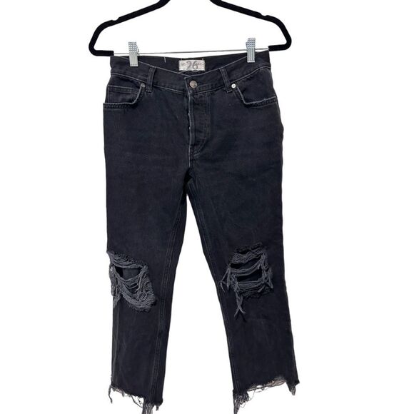 Free People We The Free Ripped Distressed Raw Hem Cropped Jeans Black Size 26 - Picture 1 of 11
